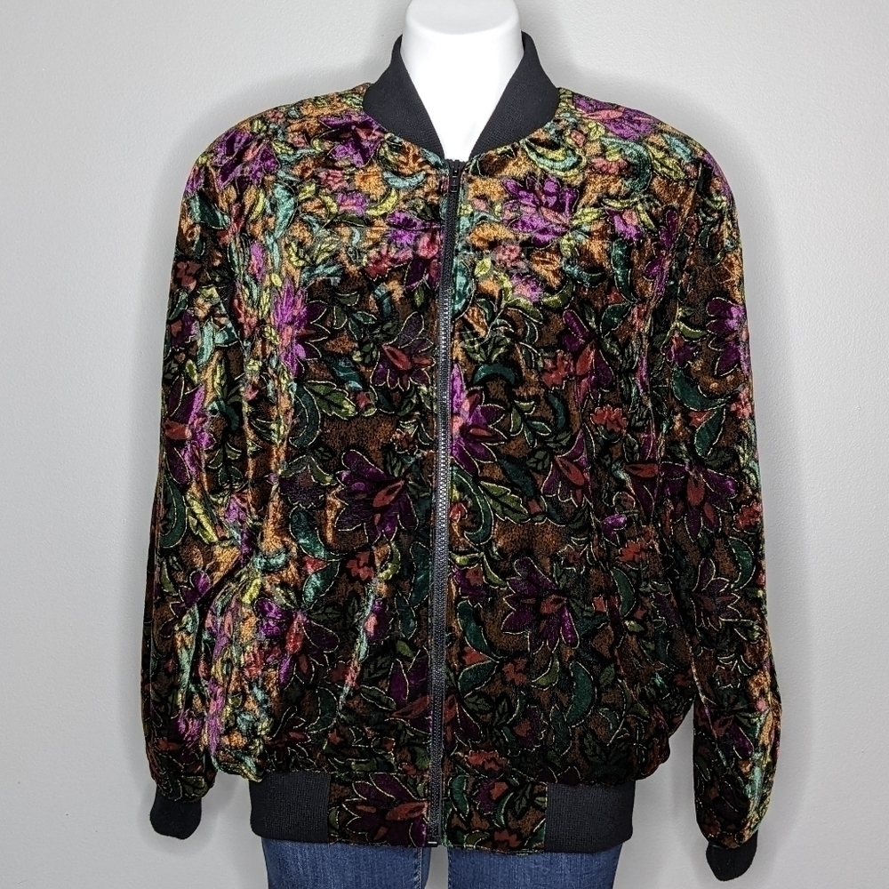 Vintage Kocal orange purple green velvet floral zip up jacket M